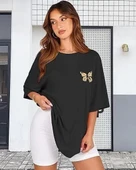 Kadın Bisiklet Yaka Baskılı T-shirt - Siyah thumbnail 2