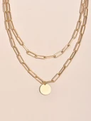 Altın Renk Dikdörtgen Zincir Yuvarlak Pul Charm Katmanlı Kolye - 3