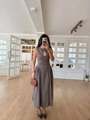 Kolsuz Uzun Kabardin Elbise - Gri thumbnail 3