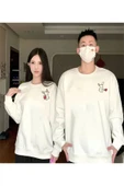 Tavşan Baskılı Sevgili Çift Kombini Kapüşonlu Sweatshirt & Hodie - Beyaz thumbnail 1