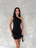 Tek Omuzlu Kolsuz Mini Boy Elbise - Siyah thumbnail 2