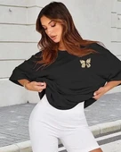 Kadın Bisiklet Yaka Baskılı T-shirt - Siyah thumbnail 1