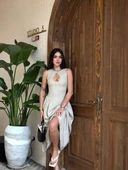 Kolsuz Uzun Kabardin Elbise - Gri thumbnail 7