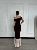 Striptiz Omuzlu Uzun Elbise- Kahve thumbnail 2
