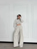 Uzun Kollu Önü İp Büzgülü Crop ve Pantolon İkili Takım - Gri thumbnail 7