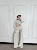 Uzun Kollu Önü İp Büzgülü Crop ve Pantolon İkili Takım - Gri thumbnail 2