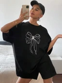 Kadın Baskılı Oversize T-shirt - Siyah thumbnail 7