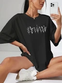 Kadın Baskılı Oversize T-shirt - Siyah thumbnail 1