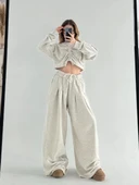 Uzun Kollu Önü İp Büzgülü Crop ve Pantolon İkili Takım - Gri thumbnail 5