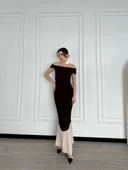 Striptiz Omuzlu Uzun Elbise- Kahve thumbnail 1