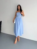 Straplez Pileli Elbise - Açık Mavi thumbnail 1