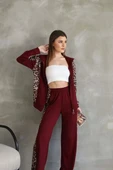 Osy Modal Yumuşak Dokulu Kumaş Kapüşonlu Leopar Desenli Fermuarlı Takım - Bordo thumbnail 1