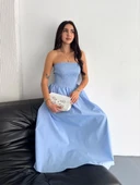 Straplez Pileli Elbise - Açık Mavi thumbnail 4