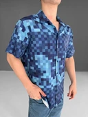 İki İplik Kumaş Baskılı Gömlek - Mavi thumbnail 4