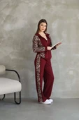 Osy Modal Yumuşak Dokulu Kumaş Kapüşonlu Leopar Desenli Fermuarlı Takım - Bordo thumbnail 2