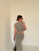 Uzun Etekli Önü Düğmeli Badi İkili Takım- Gri thumbnail 3