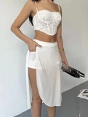 Çepli Şortlu Yırtmaçlı Etek - Beyaz thumbnail 4