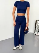 Osy Modal Yumuşak Dokulu Kumaş Kısa Kollu Crop Alt ispanyol Paça Pantalon ikili Takım - Lacivert thumbnail 4