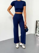Osy Modal Yumuşak Dokulu Kumaş Kısa Kollu Crop Alt ispanyol Paça Pantalon ikili Takım - Lacivert thumbnail 7
