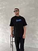 Ön ve Arka Baskılı Oversize Bisiklet Yaka T-shirt- Siyah thumbnail 1