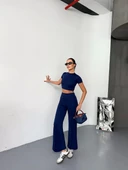 Osy Modal Yumuşak Dokulu Kumaş Kısa Kollu Crop Alt ispanyol Paça Pantalon ikili Takım - Lacivert thumbnail 2