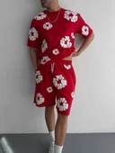 İki İplik Kumaş Baskılı T-shirt Şortlu Takım- Kırmızı thumbnail 4