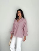 Kadın Arkası Asimetrik Yırtmaç Kesim Detaylı Cizgili Bluz Gömlek - Bordo thumbnail 6