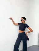 Osy Modal Yumuşak Dokulu Kumaş Kısa Kollu Crop Alt ispanyol Paça Pantalon ikili Takım - Füme thumbnail 2