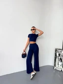 Osy Modal Yumuşak Dokulu Kumaş Kısa Kollu Crop Alt ispanyol Paça Pantalon ikili Takım - Lacivert thumbnail 5