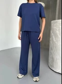 Osy Modal Yumuşak Dokulu Kumaş Kısa Kollu Bluz Rahat Pantalon ikili Takım- Lacivert thumbnail 5