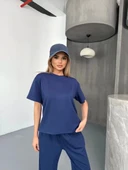 Osy Modal Yumuşak Dokulu Kumaş Kısa Kollu Bluz Rahat Pantalon ikili Takım- Lacivert thumbnail 4