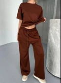 Osy Modal Yumuşak Dokulu Kumaş Kısa Kollu Bluz Rahat Pantalon ikili Takım- Kahverengi thumbnail 5