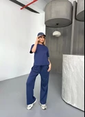 Osy Modal Yumuşak Dokulu Kumaş Kısa Kollu Bluz Rahat Pantalon ikili Takım- Lacivert thumbnail 1