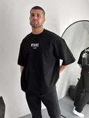 Baskılı Oversize Bisiklet Yaka T-shirt - Siyah thumbnail 4