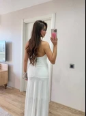 Sırt dekolteli Uzun Elbise - Beyaz thumbnail 4