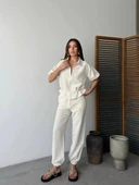 Keten Tam Fermuarlı Kısa kollu Gömlek Pantolon ikili Takım - Beyaz thumbnail 6