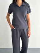 Osy Modal Yumuşak Dokulu Kumaş Kısa Kollu Yakalı T-shirt Pantalon ikili Takım- Antrasit thumbnail 4
