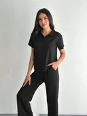 Osy Modal Yumuşak Dokulu Kumaş Kısa Kollu Yakalı T-shirt Pantalon ikili Takım- Siyah thumbnail 2