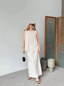 Keten Kolsuz Sıfır Yaka İlik Düğmeli Kolsuz Hırka Etek ikili Takım- Beyaz - 5