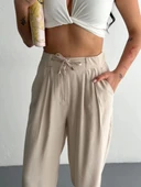 Kadın Yüksel Bel Beli Bağcıklı Rahat Boru Paça Pantalon - Kırık Beyaz thumbnail 1