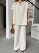 Keten Kısa Kollu Cepli Gömlek Pantolon ikili Takım - Beyaz thumbnail 1