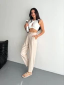 Kadın Yüksel Bel Beli Bağcıklı Rahat Boru Paça Pantalon - Kırık Beyaz thumbnail 6