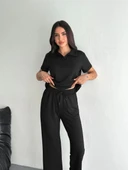 Osy Modal Yumuşak Dokulu Kumaş Kısa Kollu Yakalı T-shirt Pantalon ikili Takım- Siyah thumbnail 7