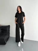 Osy Modal Yumuşak Dokulu Kumaş Kısa Kollu Yakalı T-shirt Pantalon ikili Takım- Siyah thumbnail 3