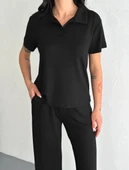 Osy Modal Yumuşak Dokulu Kumaş Kısa Kollu Yakalı T-shirt Pantalon ikili Takım- Siyah thumbnail 1