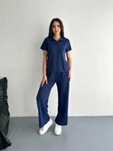 Osy Modal Yumuşak Dokulu Kumaş Kısa Kollu Yakalı T-shirt Pantalon ikili Takım- Lacivert thumbnail 3