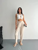 Kadın Yüksel Bel Beli Bağcıklı Rahat Boru Paça Pantalon - Kırık Beyaz thumbnail 3