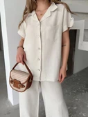 Keten Kısa Kollu Cepli Gömlek Pantolon ikili Takım - Beyaz thumbnail 3