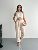 Kadın Yüksel Bel Beli Bağcıklı Rahat Boru Paça Pantalon - Kırık Beyaz thumbnail 2