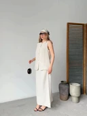 Keten Kolsuz Sıfır Yaka İlik Düğmeli Kolsuz Hırka Etek ikili Takım- Beyaz - 1